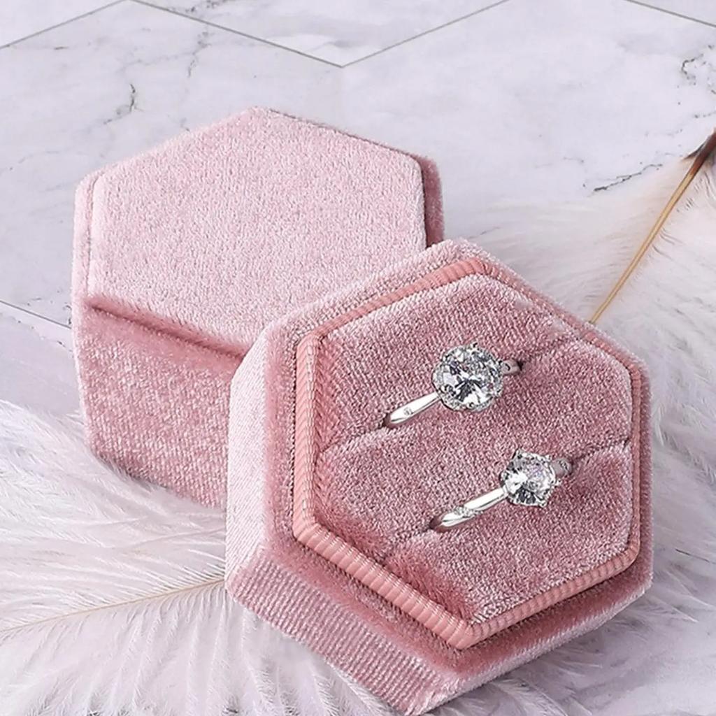 1pc-Velvet Double Ring Box Hexagon Wedding Ceremony Ring Box with Detachable Lid Box