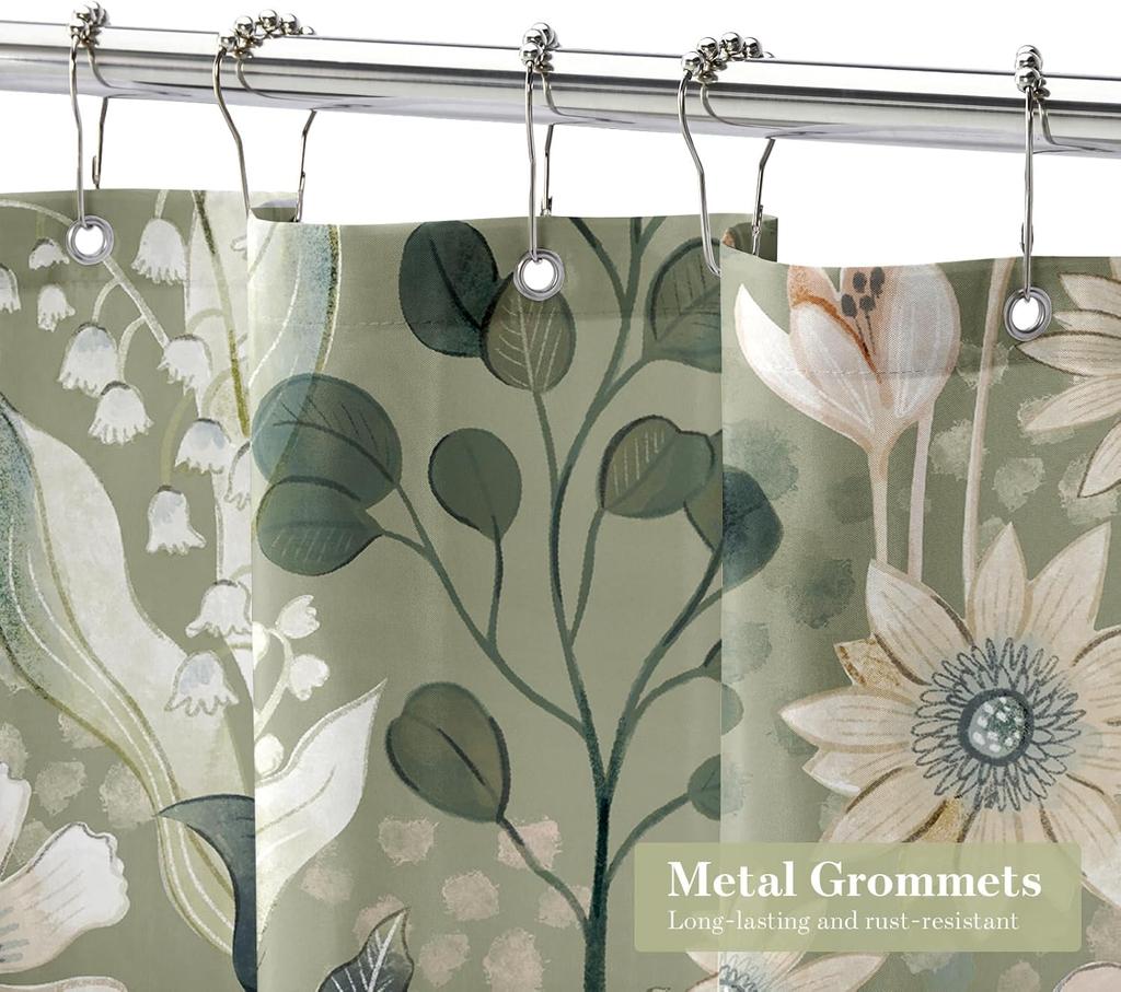 MitoVilla Boho Green Floral Shower Curtain, Summer Plant Leaves Fabric Cloth Shower Curtains for Chic Elegant Bathroom Decor, Mo