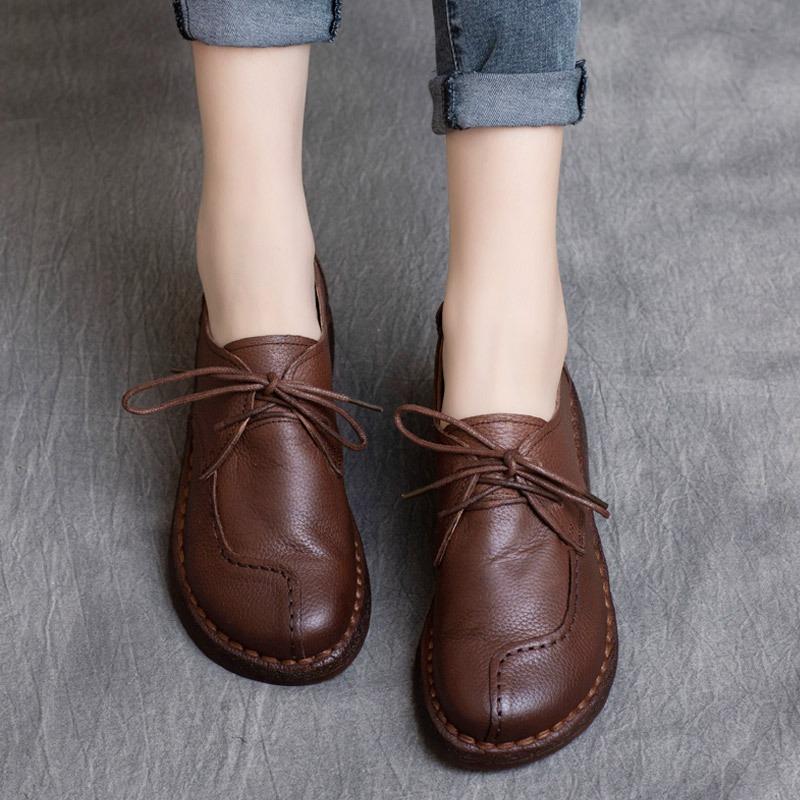 Spring New Style Retro Cowhide Lace-up Low-heeled Soft-soled Flat-soled Single Shoes