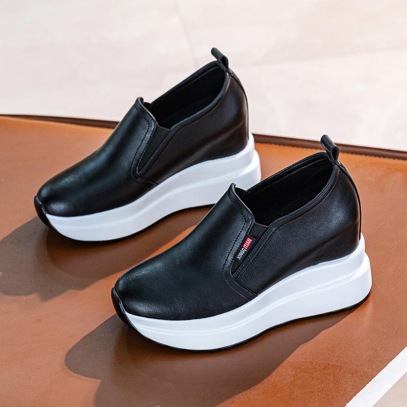 Spring Autumn Wedges Shoes Women Fashion Sneakers Genuine Leather Height Increasing 10cm Black White Shoes