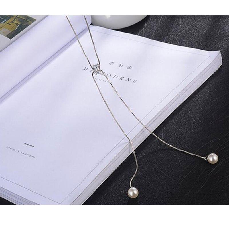 925 Sterling Silver Shiny Zircon Crystal Pearl Long Necklace Sweater Chain Necklace Pendant Jewelry Trendy S-N168