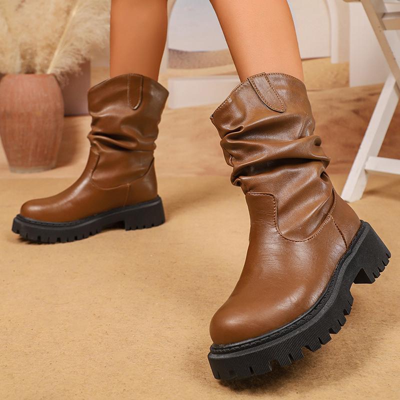 Fashion Fashion Chunky Platform Mid Calf Boots for Women Pleated Design PU Leather Western Boots Woman Autumn Winter Botas De Mujer 2025