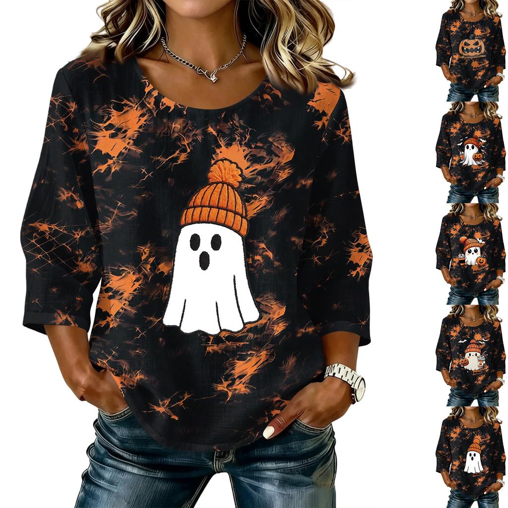 Women's Casual Halloween Print Three-Quarter Sleeve Round Neck Cotton Linen Blouse