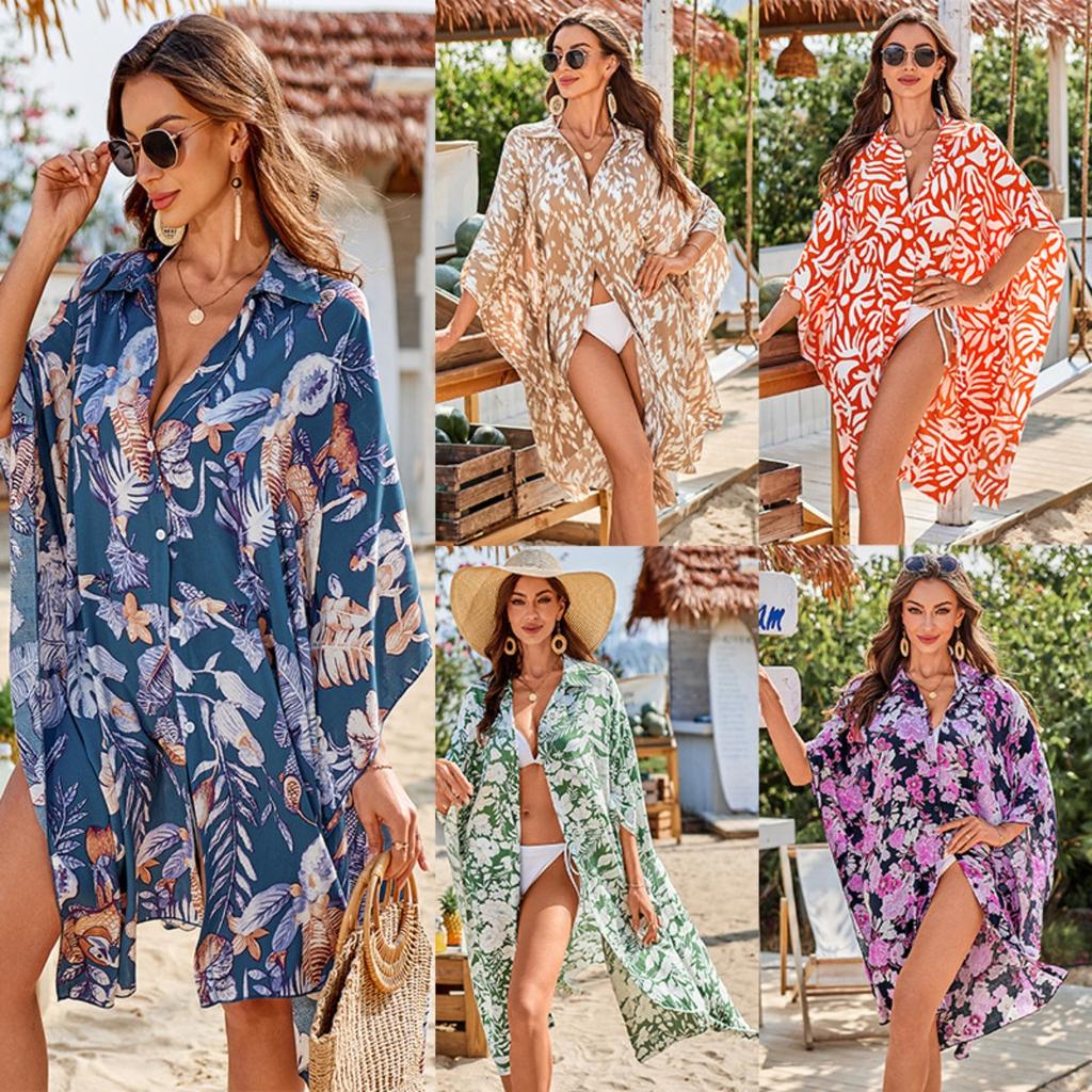 Printed Shirt Beach Jacket Bikini with Sun Protection Cardigan Vacation Swimsuit Blouse