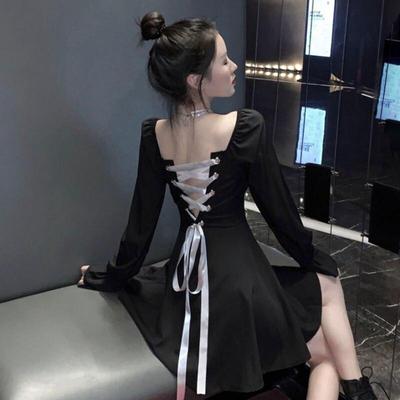 Dress Women Fashion Vintage Backless Lace-up Design Chic Black Classic Party Clubwear Retro Spring Girls Dresses