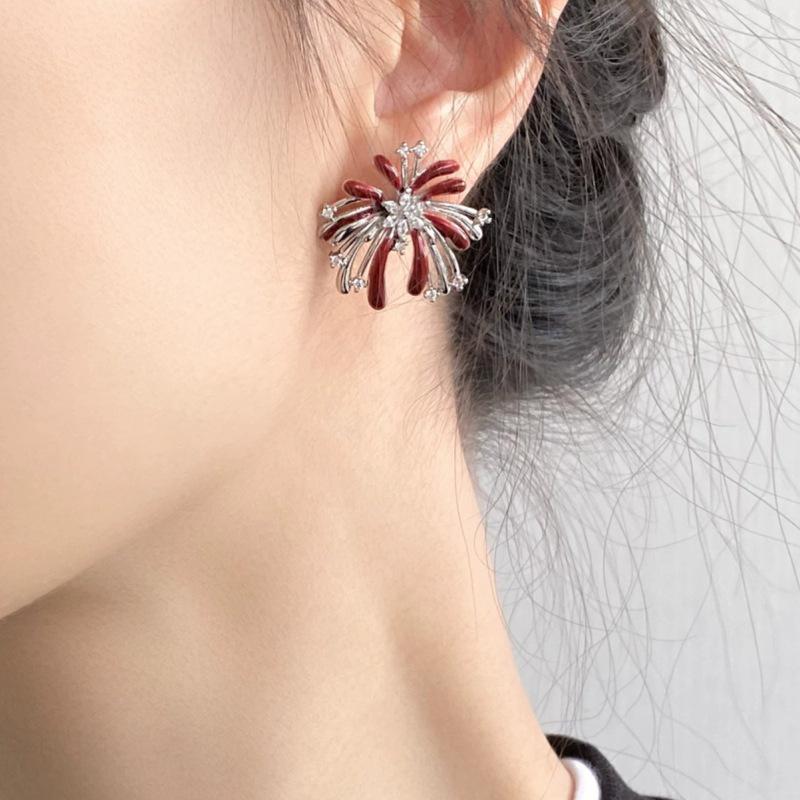 Ankela Red Enamel Fireworks Zirconia Stud Earrings - Luxury Design for Women
