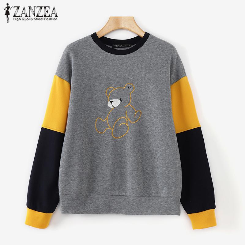 ZANZEA Dámské podzimní mikiny s kulatým výstřihem a dlouhým rukávem s potiskem medvěda v kontrastních barvách