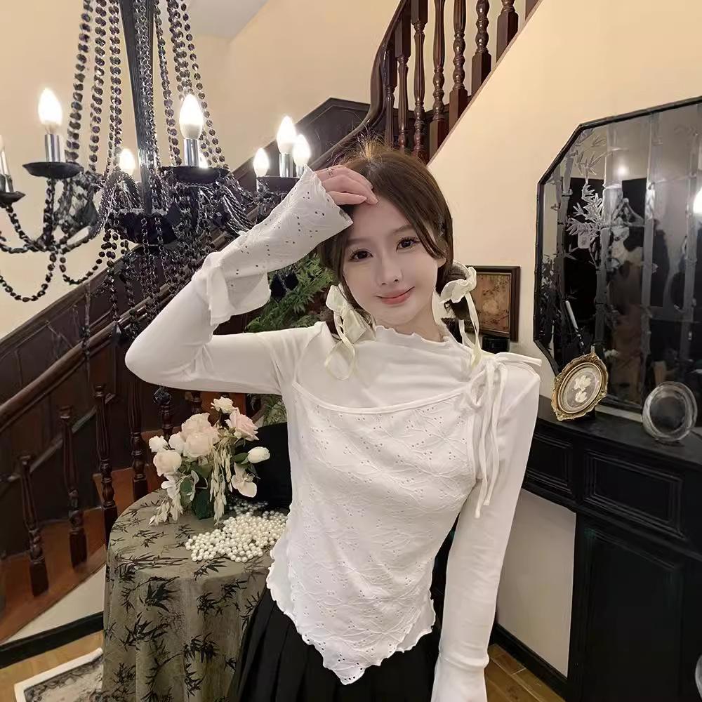 Splicing Fake Two-piece Wooden Ear Edge White Long-sleeved T-shirt Women's Spring and Autumn Slim-fit Bottoming Shirt Irregular Short Top
