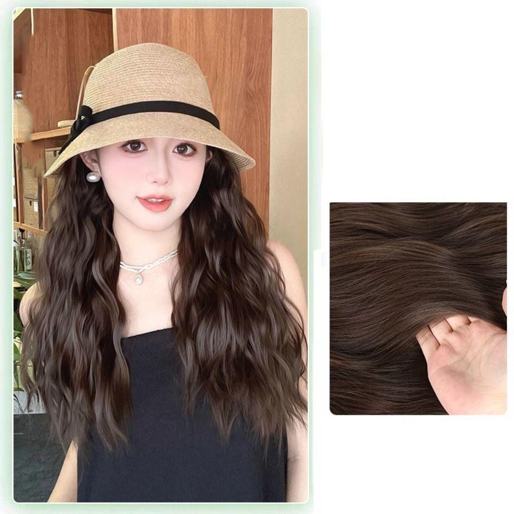 Sun Visor Bowknot Straw Hat Wig Bucket Hat Fisherman Hat Wig Sweet Long Curly Wave Hair Wigs  Women