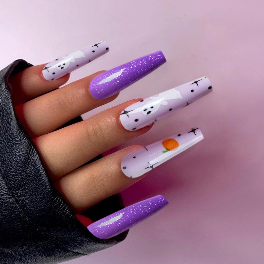 Purple Flash Ghost Halloween Nail Art Stickers - 24 Wearable Nail Pieces Glue Type