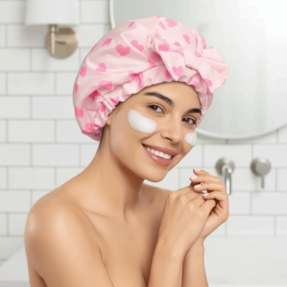 Polka Dots Double-layer Bath Cap Elastic Printed Bonnet Practical Shampoo Hat Bathroom