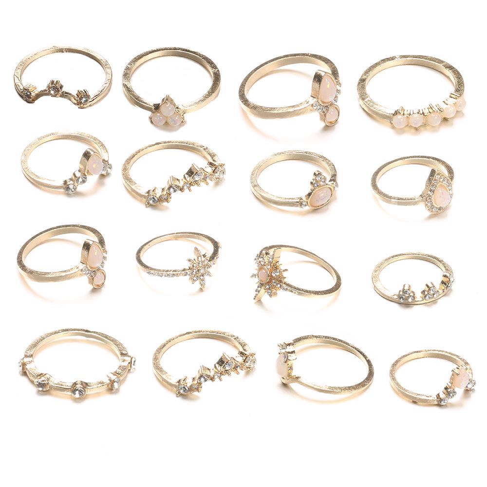 Imitation Opal Diamond Joint Ring 16-Piece Crown Droplet Retro Style Set Ring