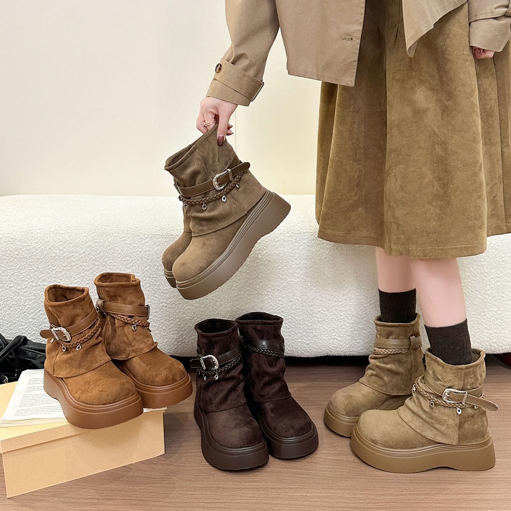 Retro suede platform short boots women's autumn and winter new woven buckle Martin boots versatile and thin motorcycle boots tide