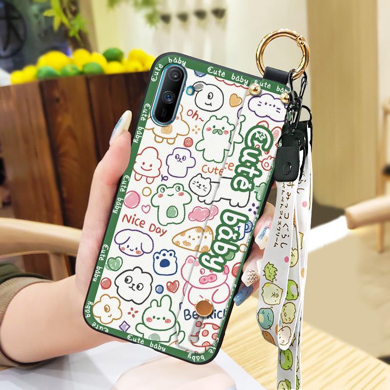 Fashion Design Waterproof Phone Case For OPPO Realme C3/C3i/Narz N10A Kickstand Lanyard Wrist Strap Ring Anti-knock Cute