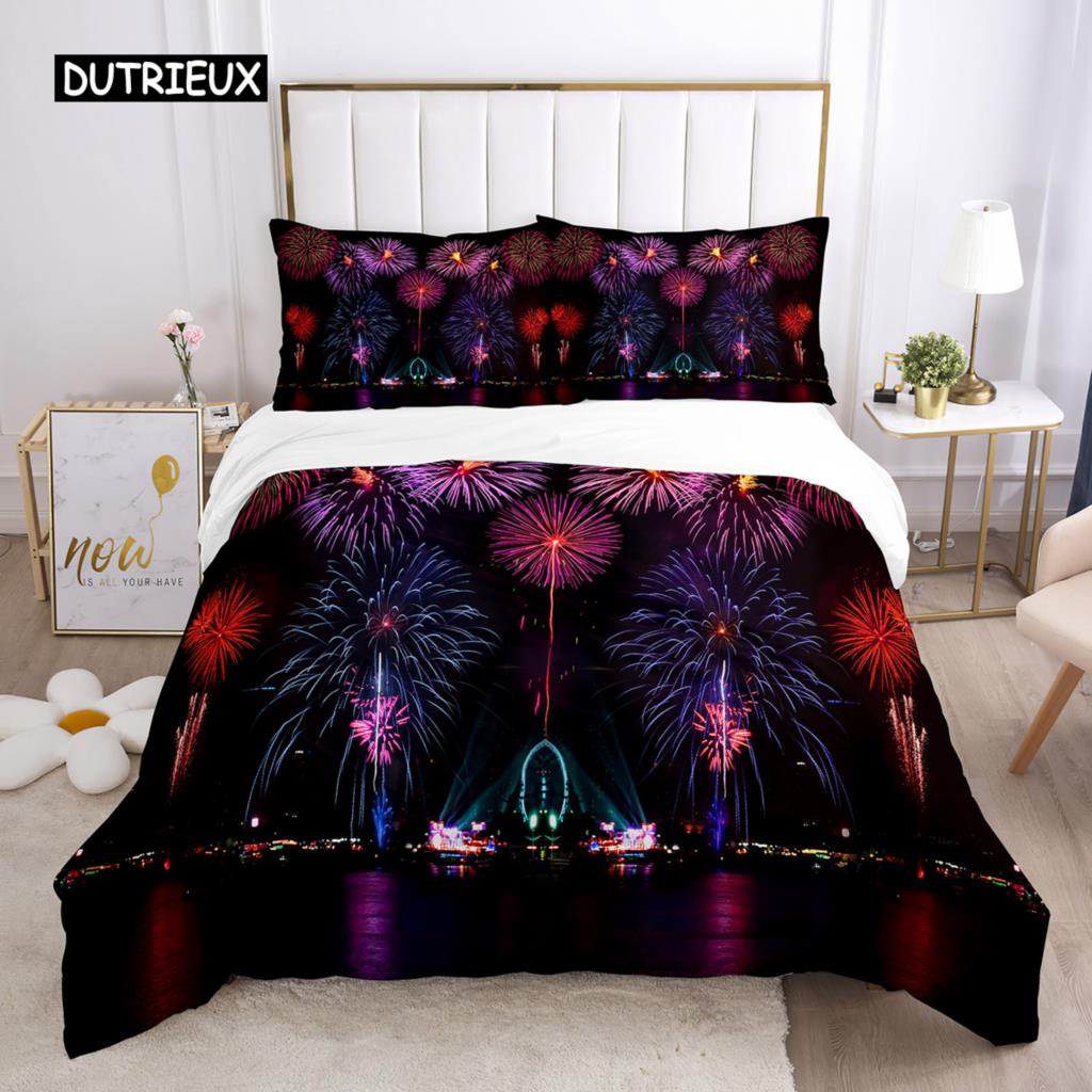 Firework Duvet Cover Set Queen Size Colourful Fires Bedding Set Microfiber Celebrate Merry Christmas Theme Soft Comforter Cover