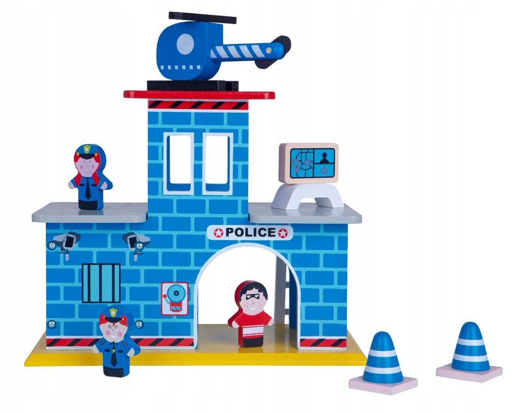 Wooden Police Station, 2 Floors - Helicopter, 3 Figures, ECO Set
