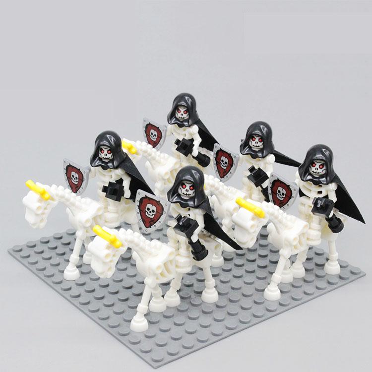 5 Set/Lot Medieval Castle Skeleton Knight & Horse With Cap Undead Army Soldier Action Figure with Weapon Shield Block Kid Toys