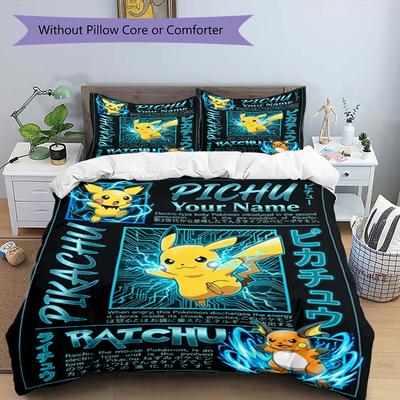 3pcs Custom Name Pikachu Power Printed Bedding Set Duvet Cover Closure Includes 1 Duvet Cover & 2 Pillowcases, Soft and Comfortable for All Seasons.