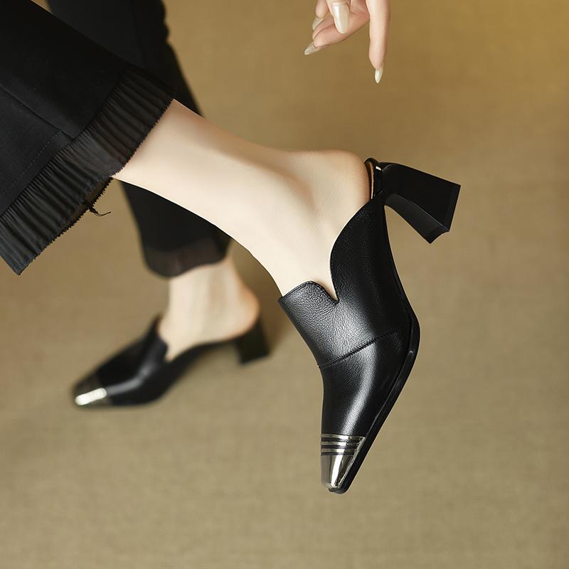 Fashion Women's Shoes 2025 New Summer Metal Headed Genuine Leather Cowhide High Heels Large Square Headed Retro Muller Slippers