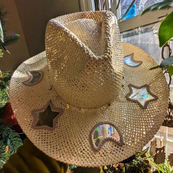 Women Hat Hat Wide Brim Star Straw Bohemian Style Breathable Woven