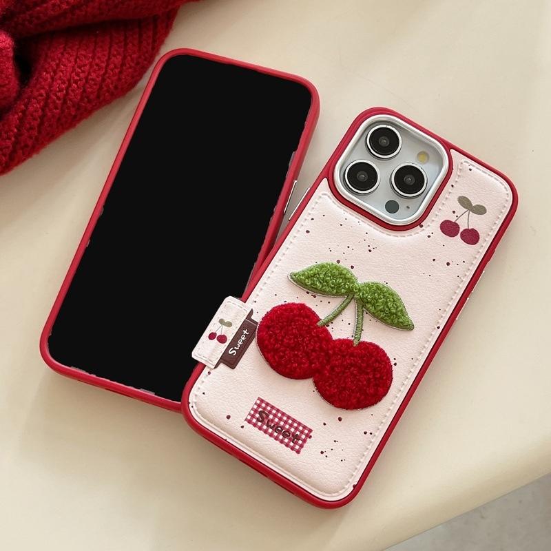 Ins Korean Cute Embroidery Cherry Tomato Leather Case For iPhone 17 16 15 14 Pro Max 15 14 16 13 17 Pro Camera Protection Cover