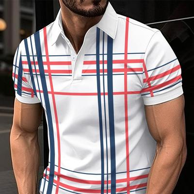 Men's Printed Lapel Button Down Polo Shirt Sport Stripe Short Sleeve Top