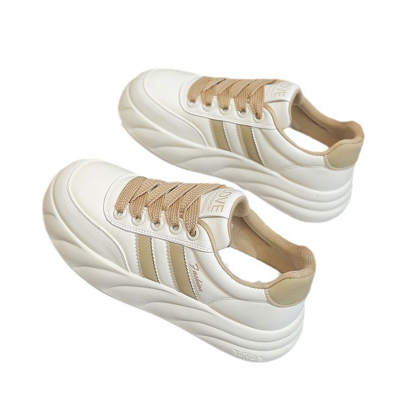 Leather White Shoes Women's Spring and Autumn 2024 New Thick-soled Heightening Bread Shoes Super Fire Versatile Casual Sports Shoes