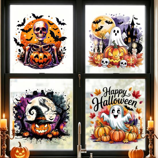 Creative Halloween Gift Ideas Static Window Clings, Watercolor Pumpkin Ghost Skull Decals, No Large Decals for Parties Glue Glass Stickers Living Room