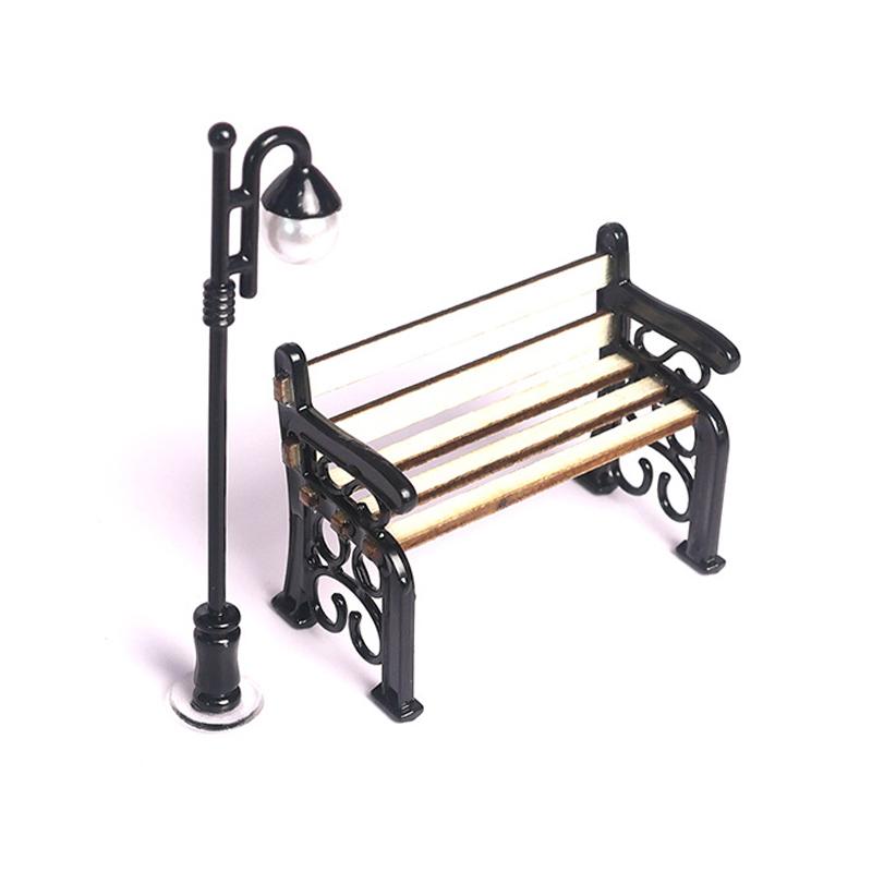 2 Teile/Satz 1:12 Puppenhaus Miniatur Holz Parkbank Straßenlaterne Anzug Fee Garten Ornamente Gartenmöbel Modell Dekor Spielzeug