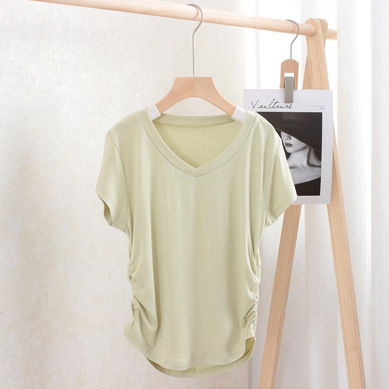 Women's V-Neck Short-Sleeved Pleated Waist Slimming Top