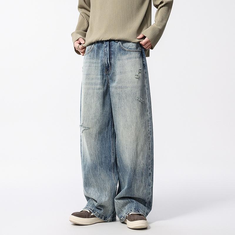 New Retro Gradual Change Color Ripped Flower Wide Leg Jeans, Men's Casual Loose Drape Trousers