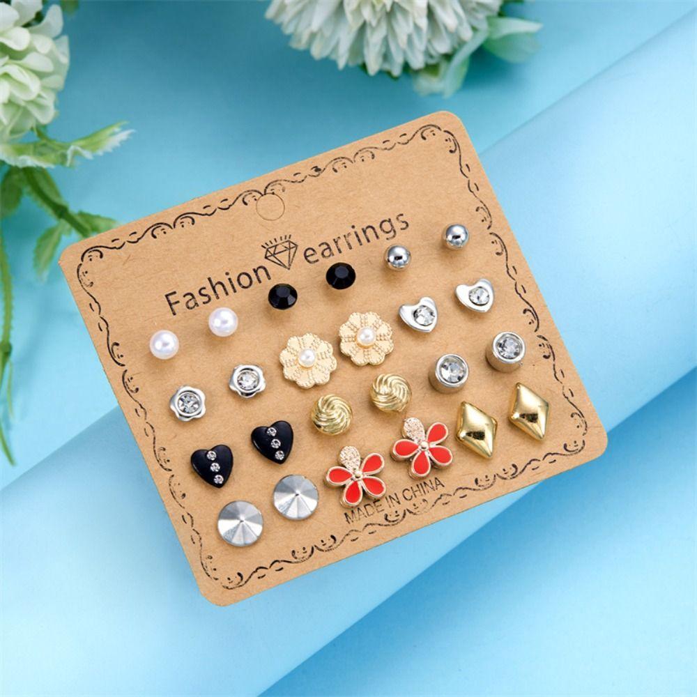 12 Pairs Colorful Combination Stud Earrings Mini Earring Set Metal Crystal Bead Ear Studs  Women