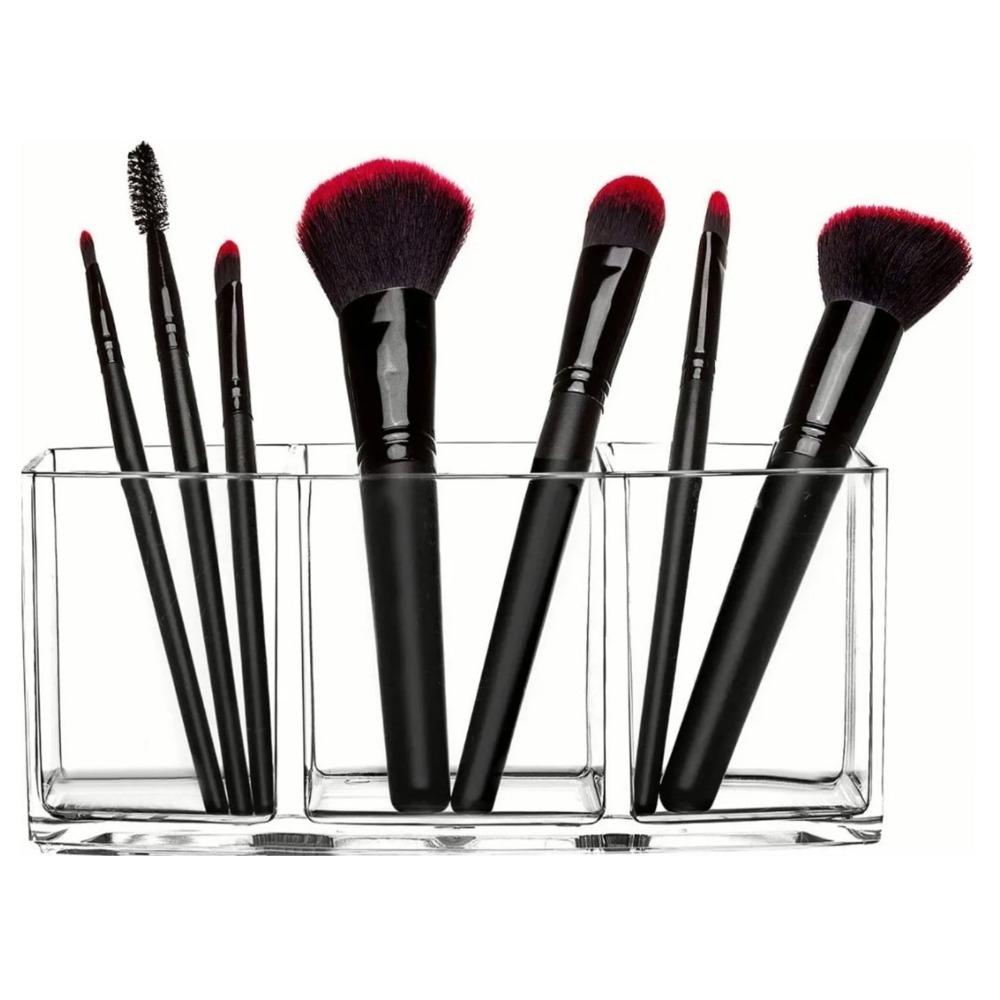 

Transparent Cosmetics Brushes Storage Holder 3 Grid Design Acrylic Cosmetic Tools Organizer Vanity
