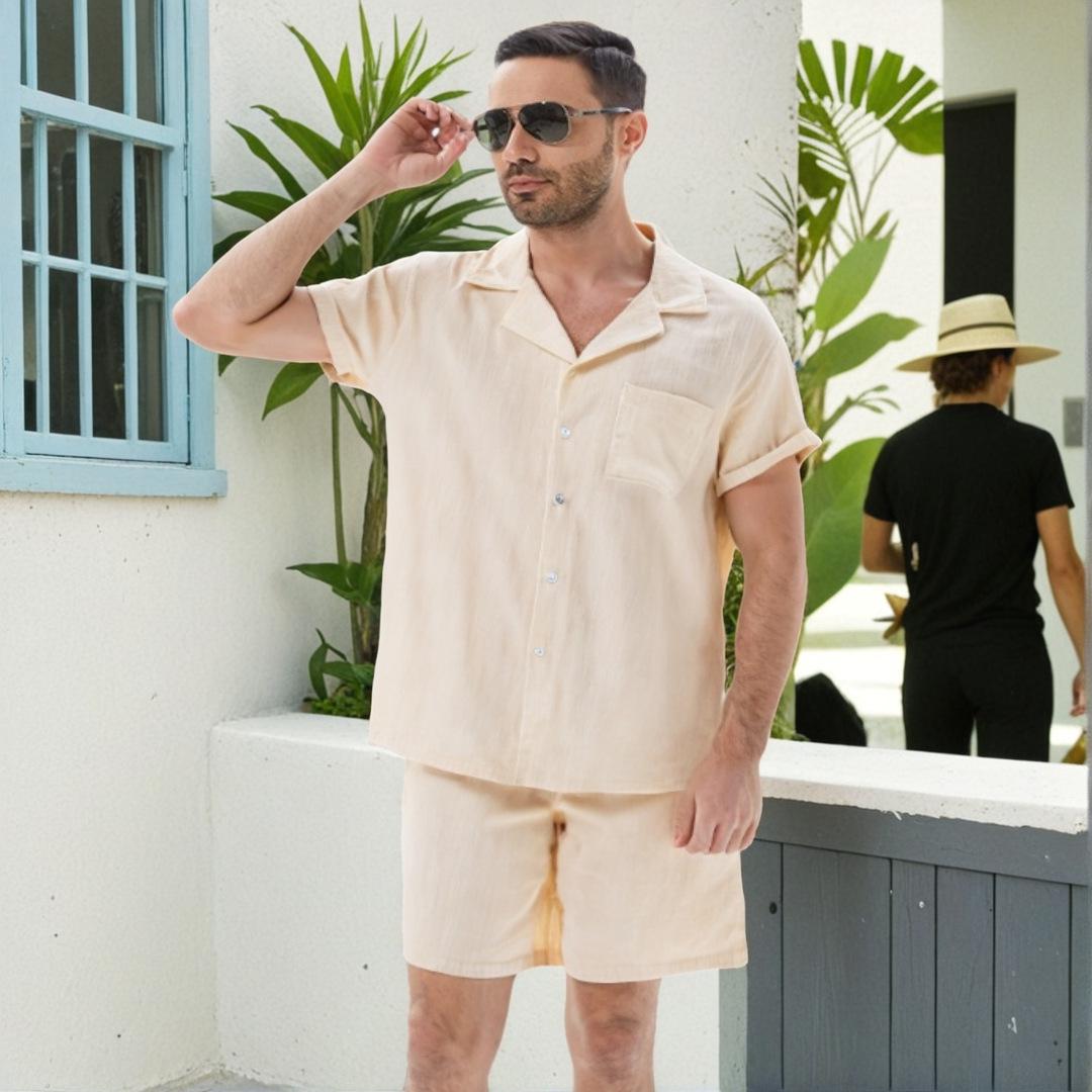 

Мужской хлопковый гавайский однотонный комплект с рубашкой с коротким рукавом и шортами. XXXL абрикосовый