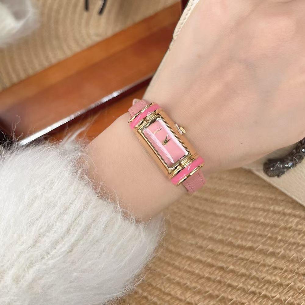 Ankola Red Belt Women'S Watch Macaron Long Oval Three-Dimensional Small Gold Bar Watch