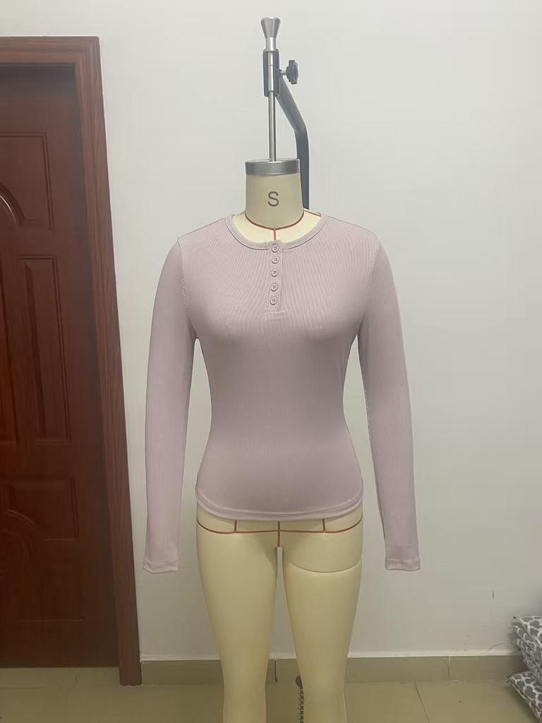 Damska prążkowana koszulka Henley z długim rękawem, dopasowana, na jesień