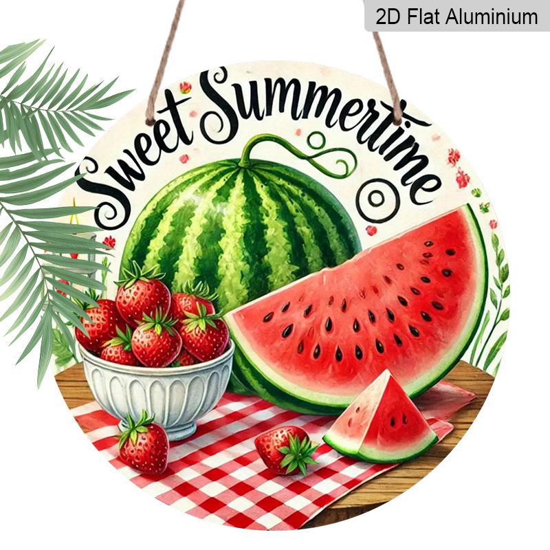 2D Flat, 1pc Retro  Sweet Summertime  Round Aluminum Metal Sign, Watermelon & Strawberry with Checkered Picnic Cloth Weatherproof Design, Durable 7.87×7.87inch