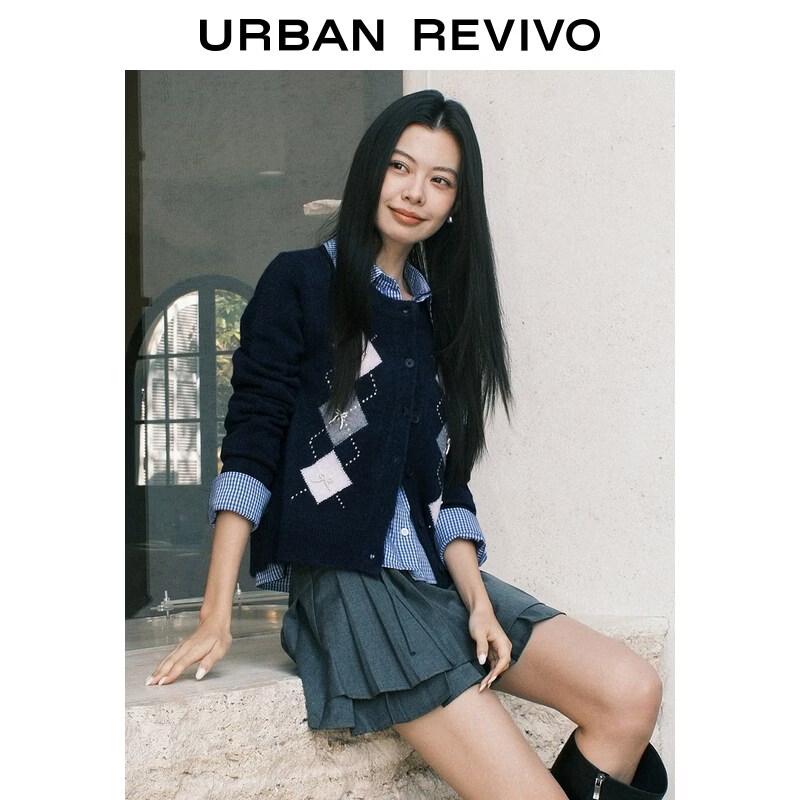 UR2026 Women's Argyle Bow Knit Cardigan