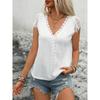 Women Lace Splicing V Neck Short Sleeve Solid Casual Basic T Shirt Top
