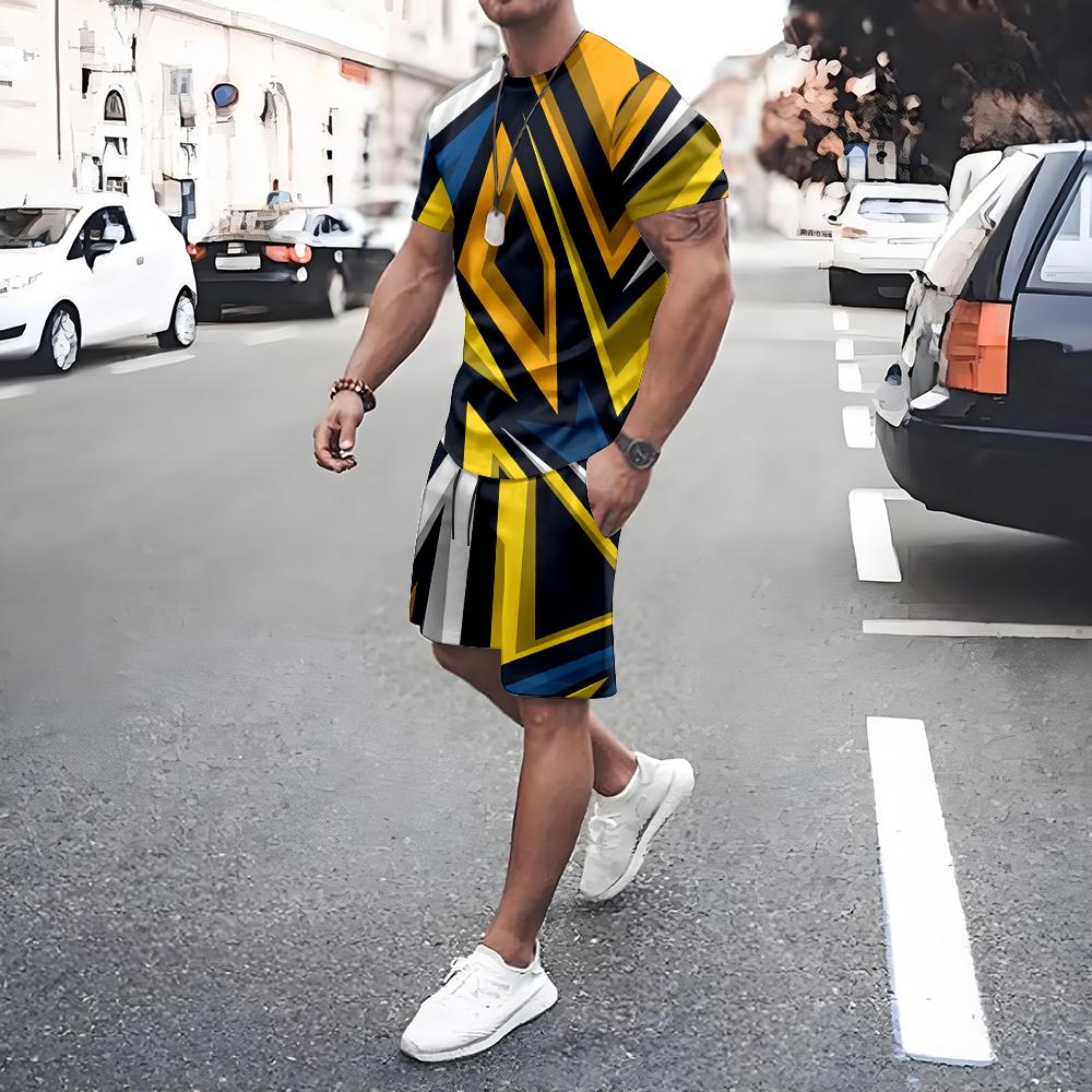 Irregular Geometric Print Short Sleeve And Shorts Set Fashion Men's T-shirt Shorts 2-piece Set Quick-dry Breathable Mesh T Shirt