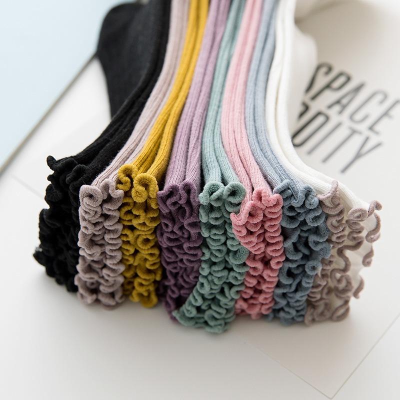 5 Pairs of Female Spring and Summer New Solid Color Wooden Ear Embroidery Roll Edge In The Tube Pile Socks