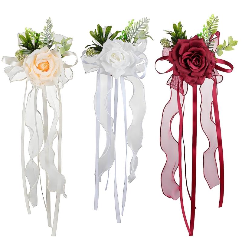 Ornement Floral pour Véhicule de Cérémonie avec Rubans de Roses Artificielles Longueurs pour Placement sur Miroir de Mariage et Accent de Voiture