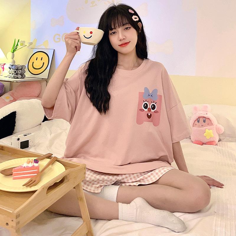 Spring and autumn thin pajamas women's sweet and cute cartoon short-sleeved shorts casual women's loungewear two-piece set summer