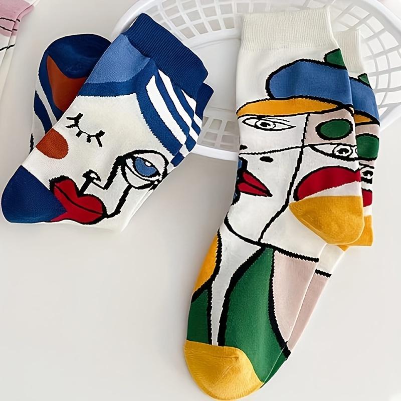 1pair/5pairs Abstract Print Mid-tube Socks, Comfortable Fashion Ladies' Trendy Graffiti Style Socks, Couples' Four Seasons Socks