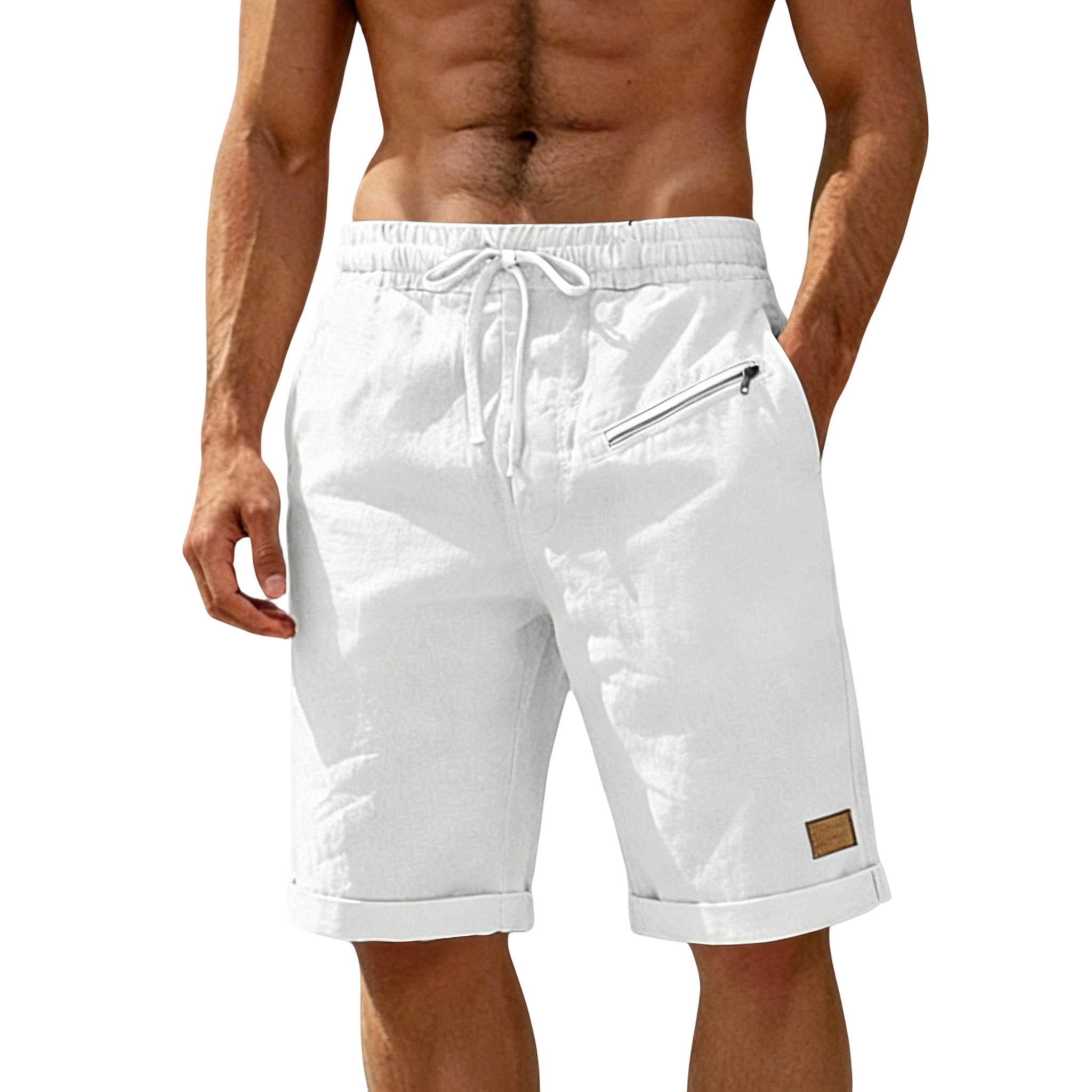 

Men s -color Drawstring Decorated Zipper Cotton And Linen Short Pants XL білий