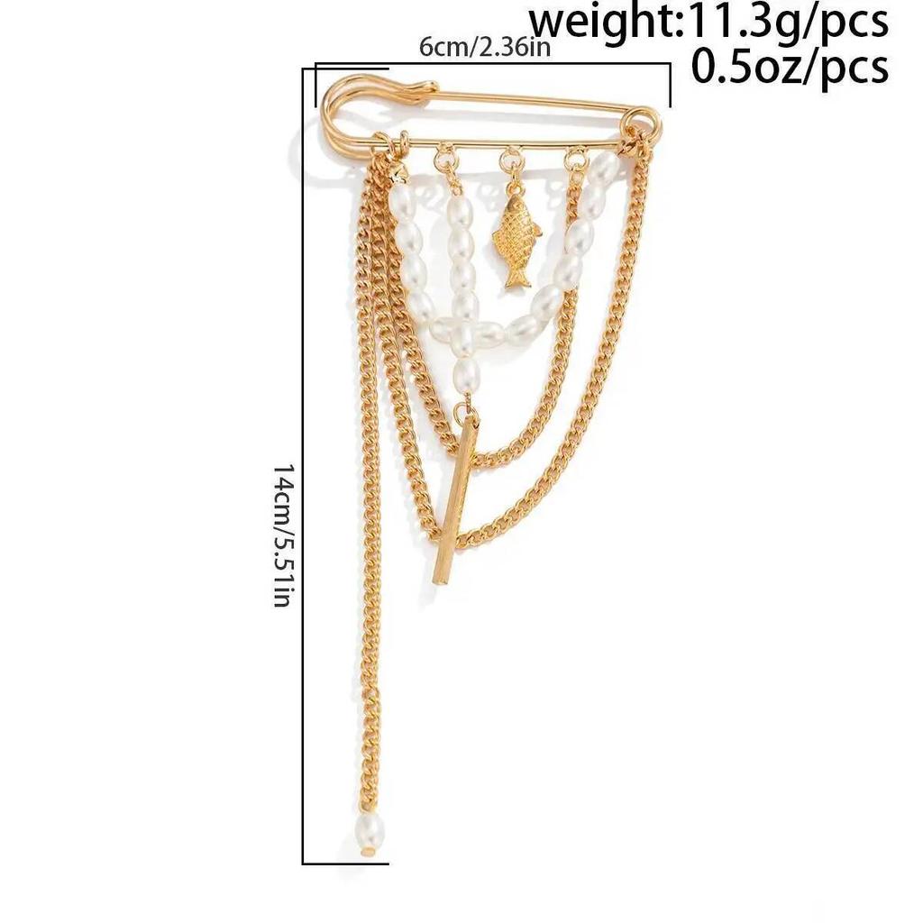 SHIXIN Vintage Luxury Gold Color Metal Fish Pendant Tassel Brooch Women Charm Imitation Pearl Suit Pins Clip Jewelry Accessories