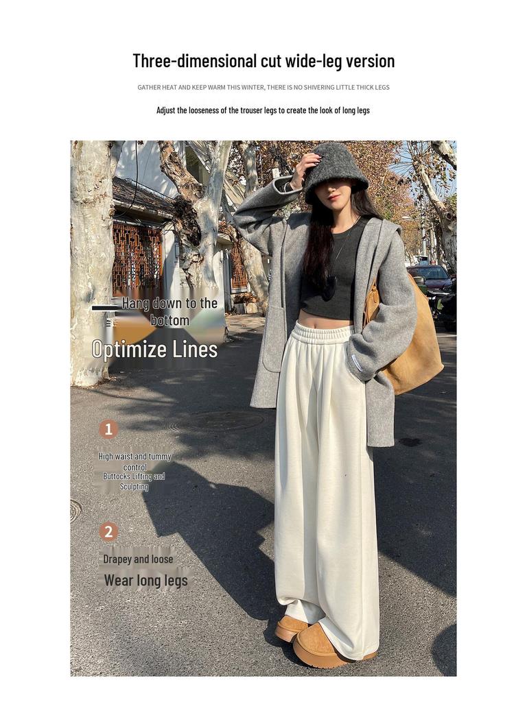 Women's Wide-Leg Glutinous Rice Pants - 2026 New Spring/Fall/Winter Plus Velvet Drape Wool Silk Blend Sweatpants