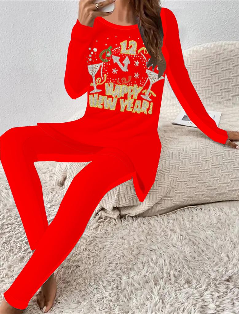 Euro-amerikanische Mode 3D Neujahrsdruck Damen Vier-Jahreszeiten Langarm-T-Shirt + Lange Hose Zweiteiliges Set. Das perfekte Geschenk für Neujahr