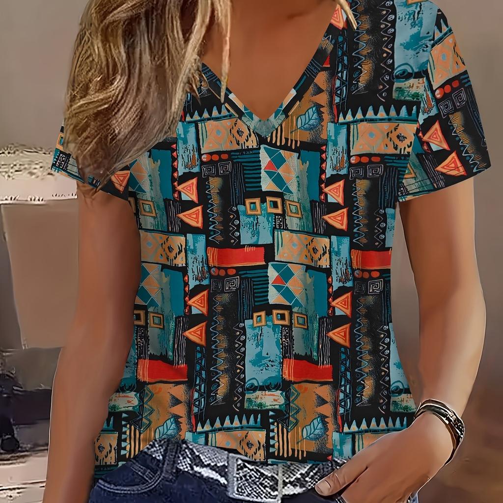Women's T-Shirt Oversized Retro Printed Short-Sleeved V-Neck Fashion Casual Top Street Breathable Summer Women's Clothing