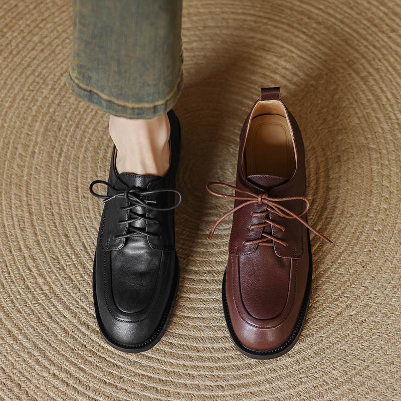Krazing Pot Cow Skin Autumn Winter Brogues Shoes Lace Up Low Heels Size 42 Round Toe Oxford Shoes Deep Mouth Pumps